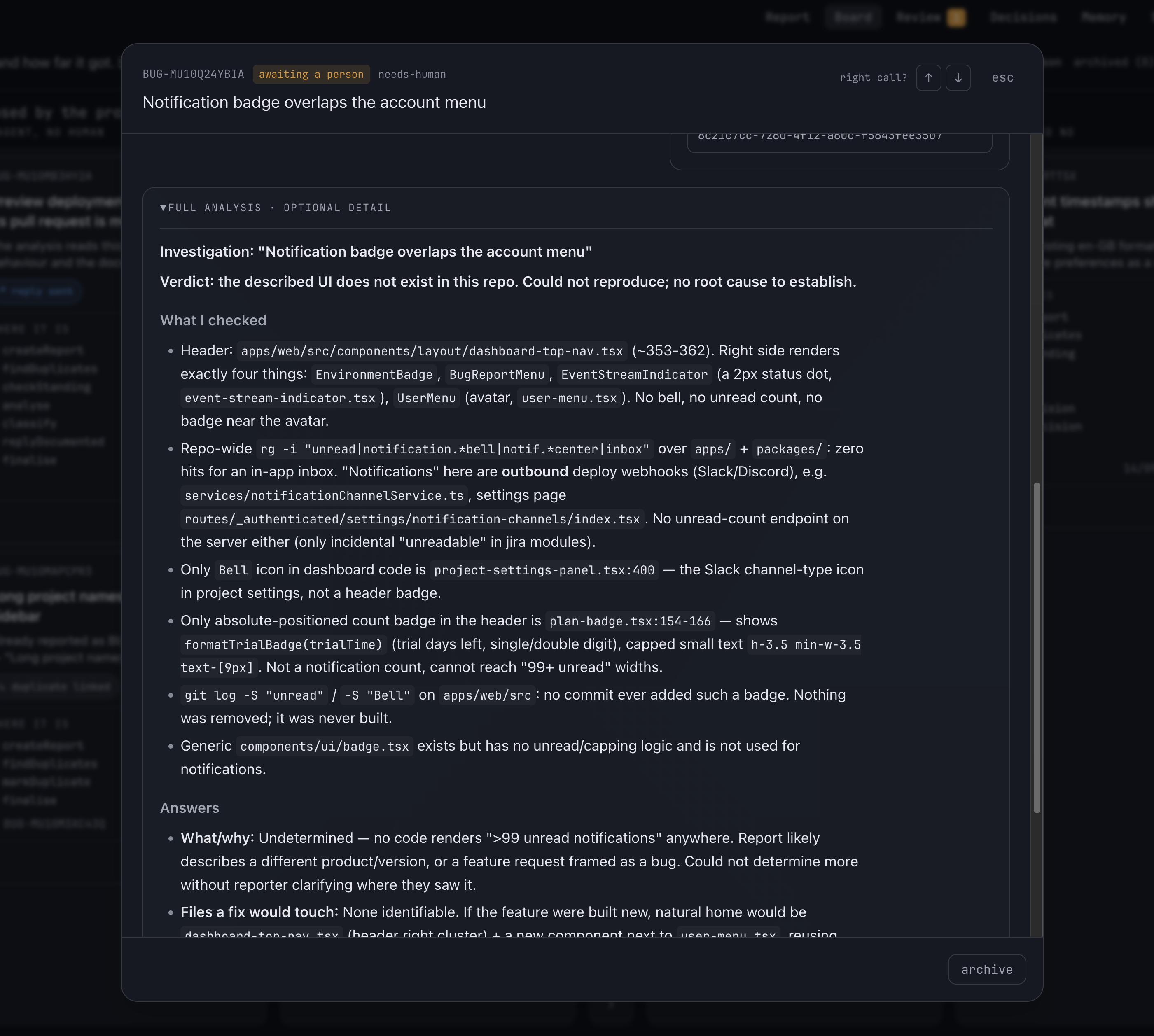 The full analysis the coding agent wrote: what it checked in the repository and what it could not establish